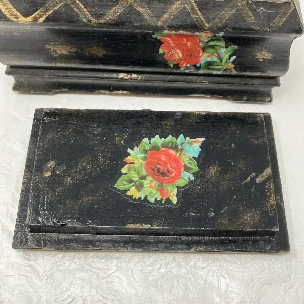 VINTAGE Rose/ Floral Decoupage Shellac Wooden Trinket Friendship Box w Lid